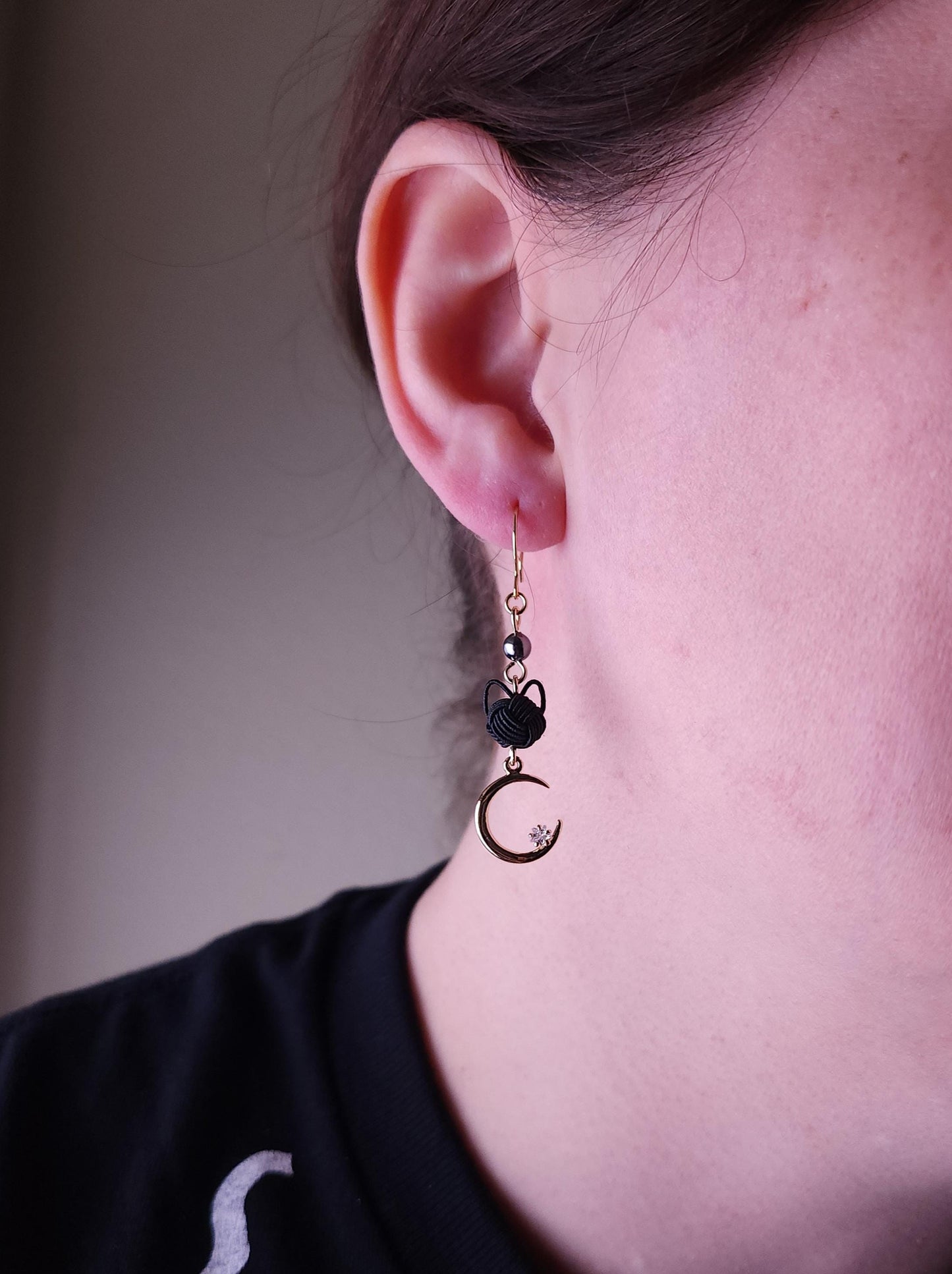Cat and Crescent Moon Earrings- Black