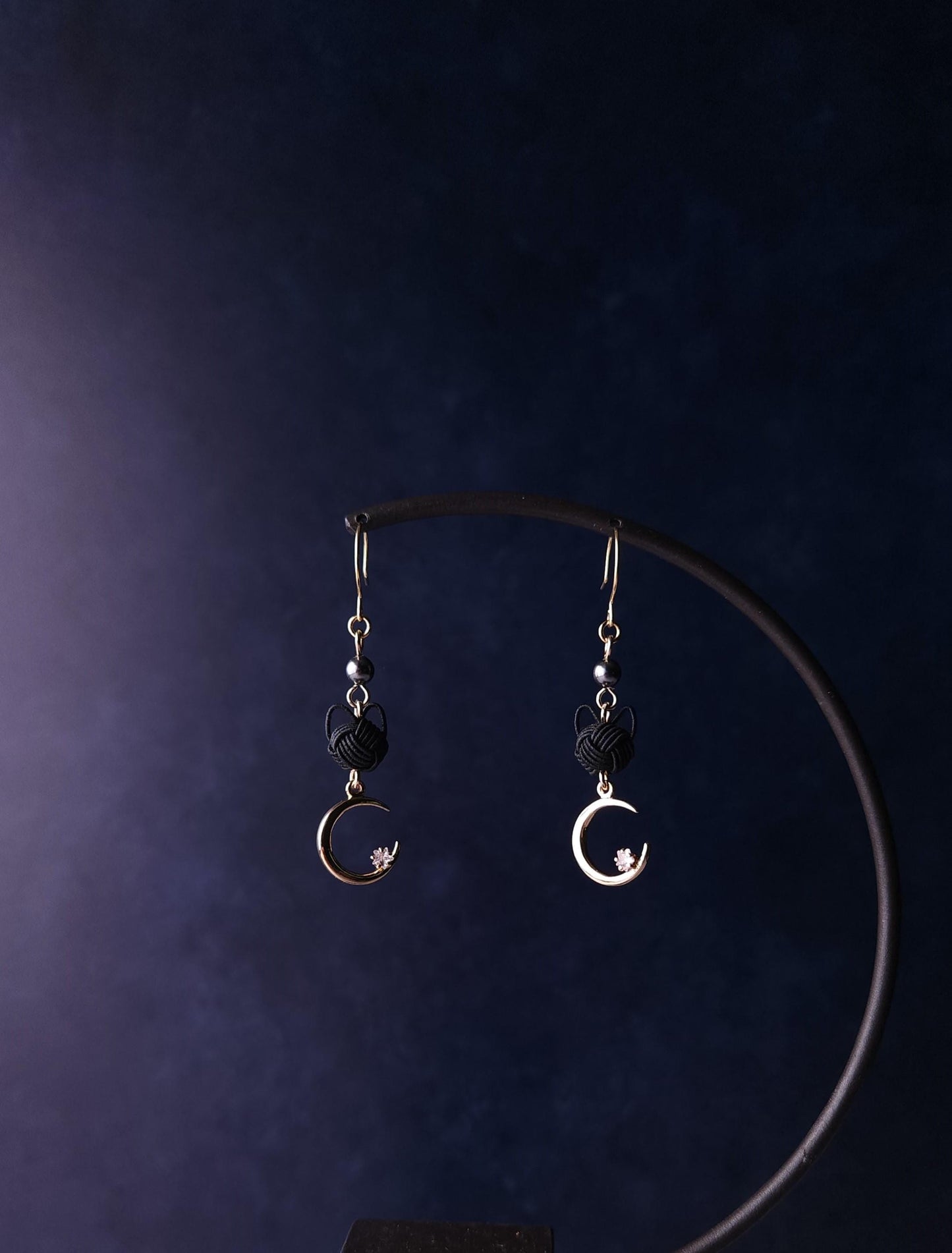 Cat and Crescent Moon Earrings- Black