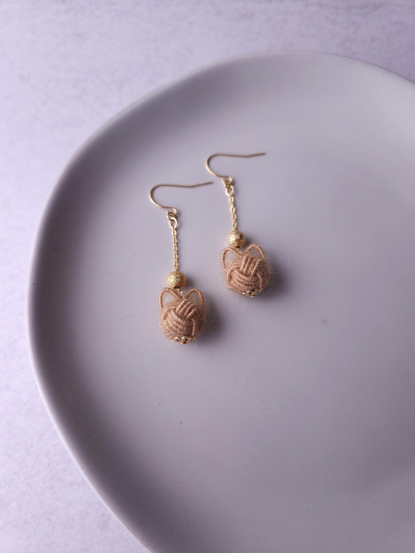 Fluffy Cat Long Earrings - Light Brown
