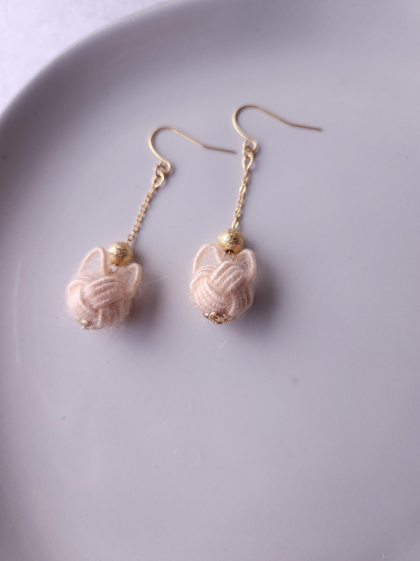 Fluffy Cat Long Earrings - Cream Beige