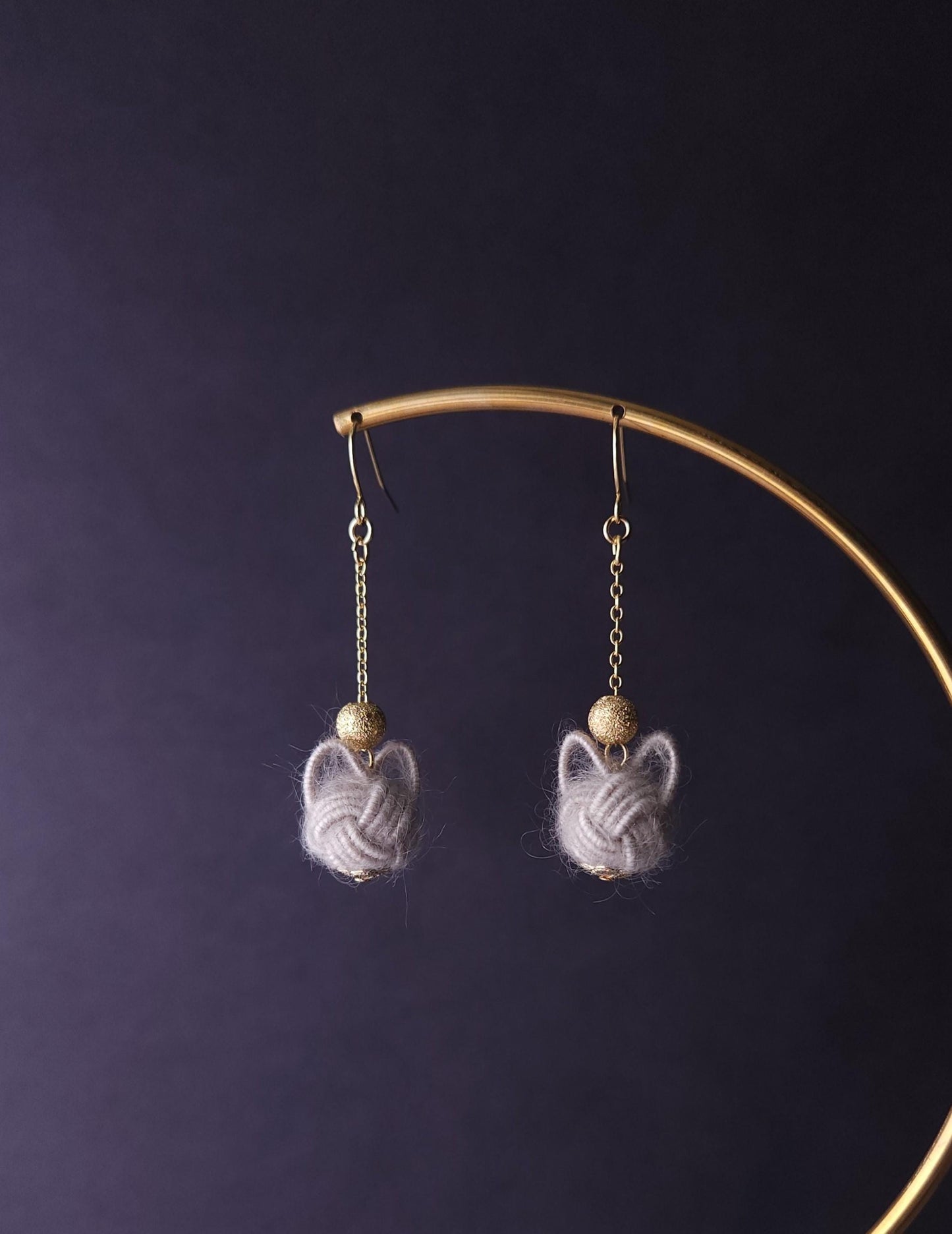 Fluffy Cat Long Earrings - Silver Gray