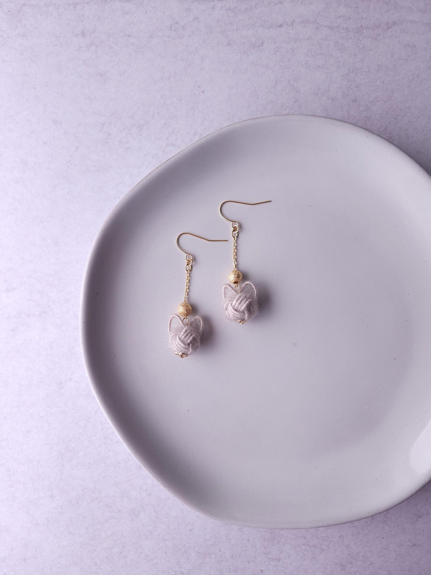 Fluffy Cat Long Earrings - Silver Gray