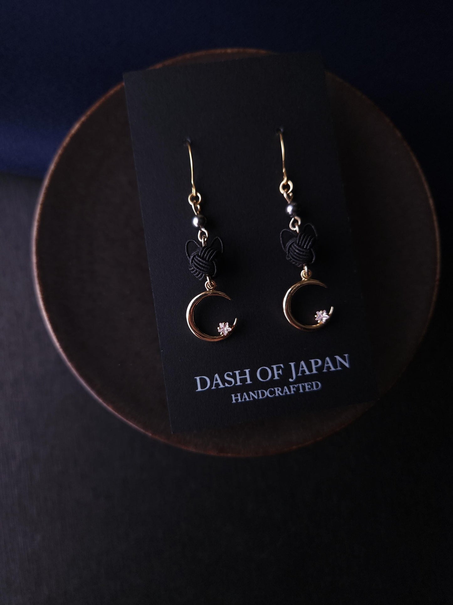 Cat and Crescent Moon Earrings- Black