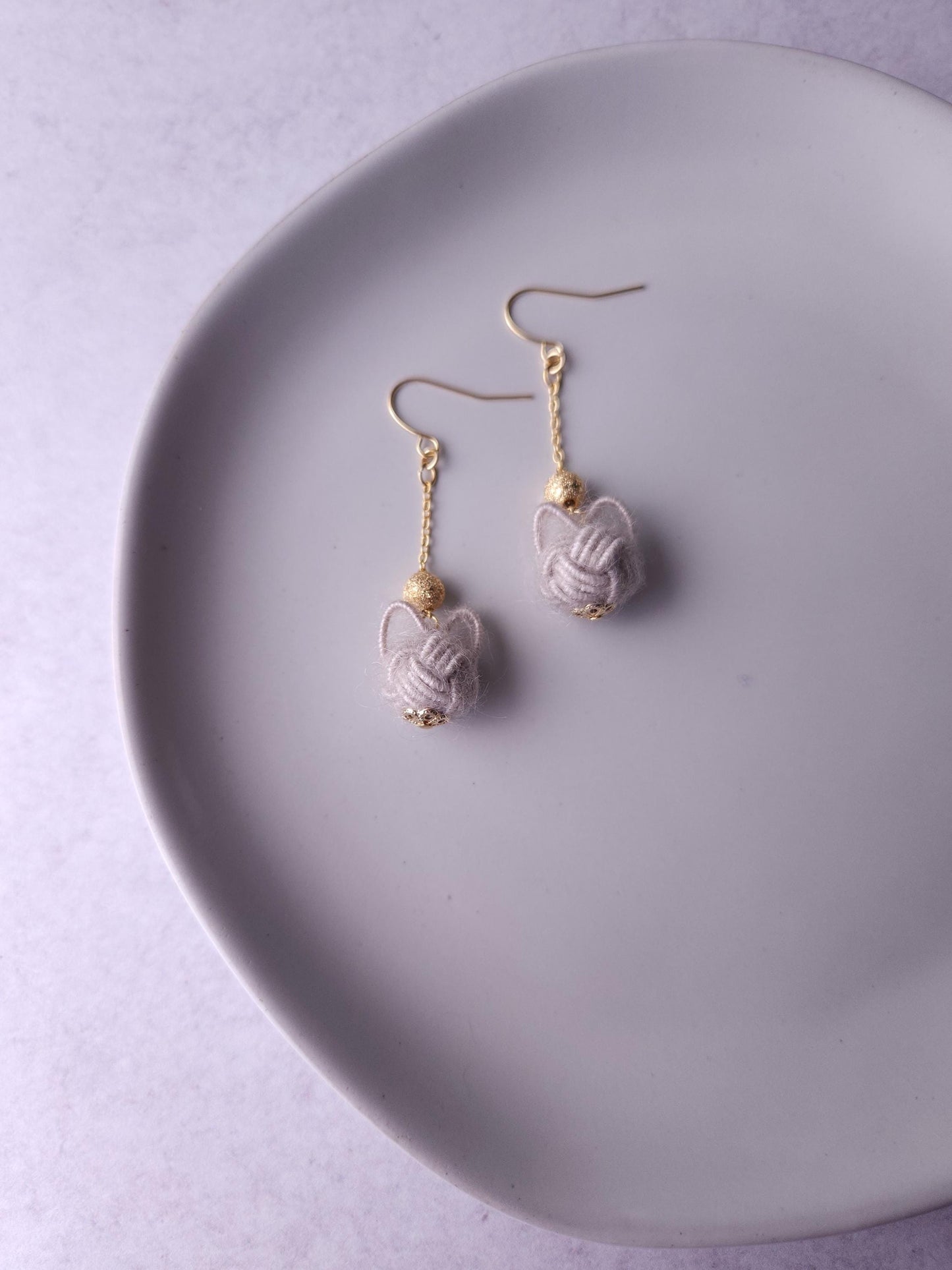 Fluffy Cat Long Earrings - Silver Gray