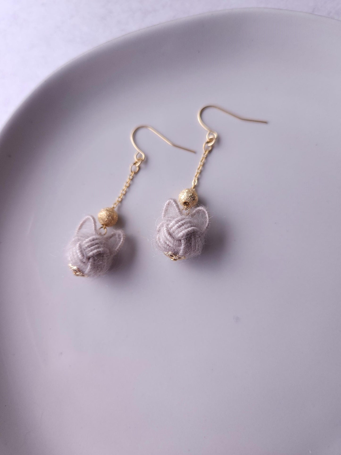 Fluffy Cat Long Earrings - Silver Gray