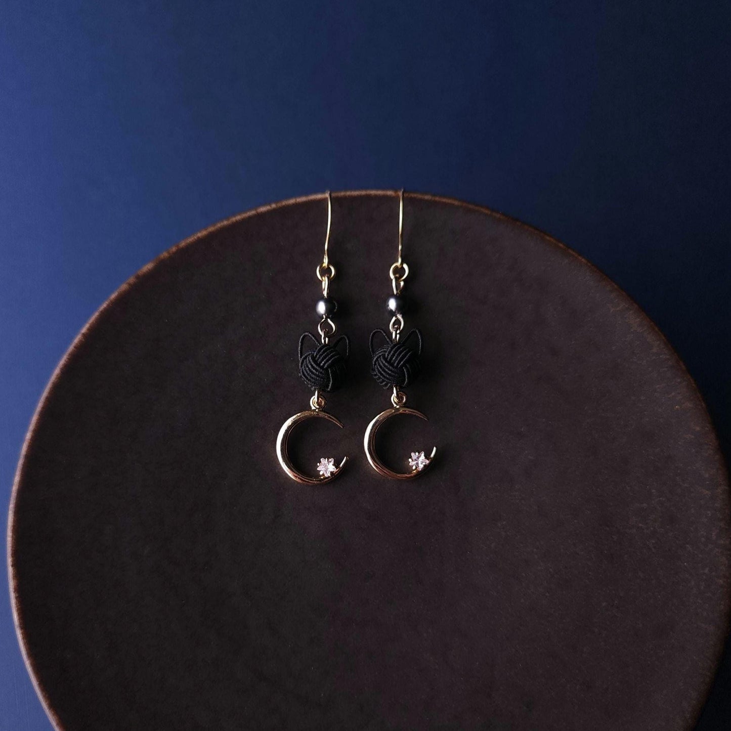 Cat and Crescent Moon Earrings- Black