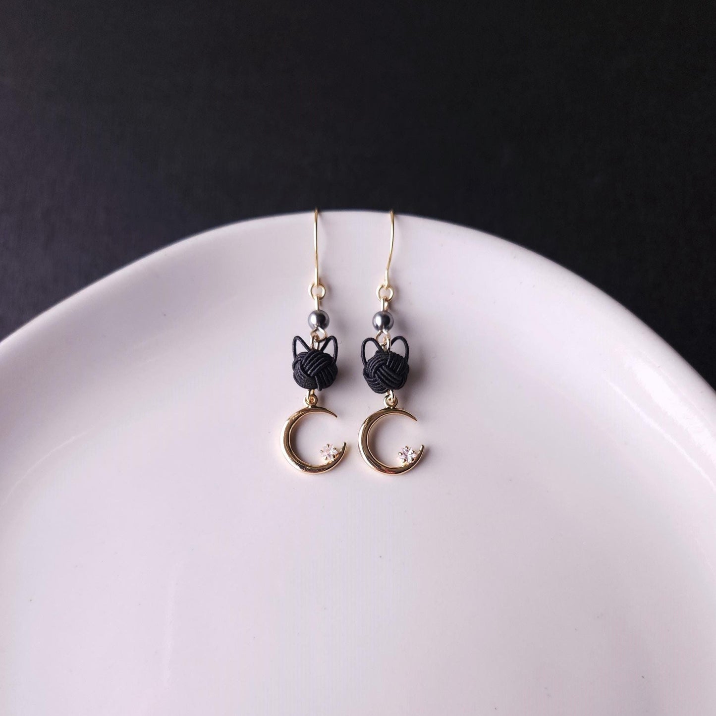 Cat and Crescent Moon Earrings- Black