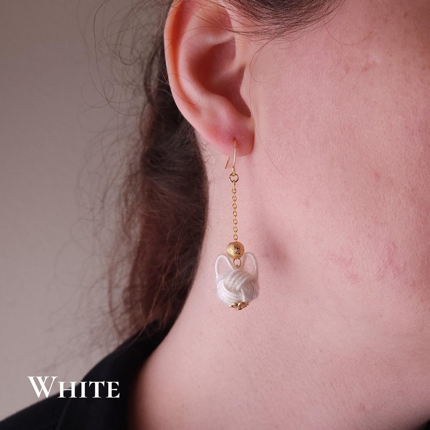 Fluffy Cat Long Earrings - Cream Beige