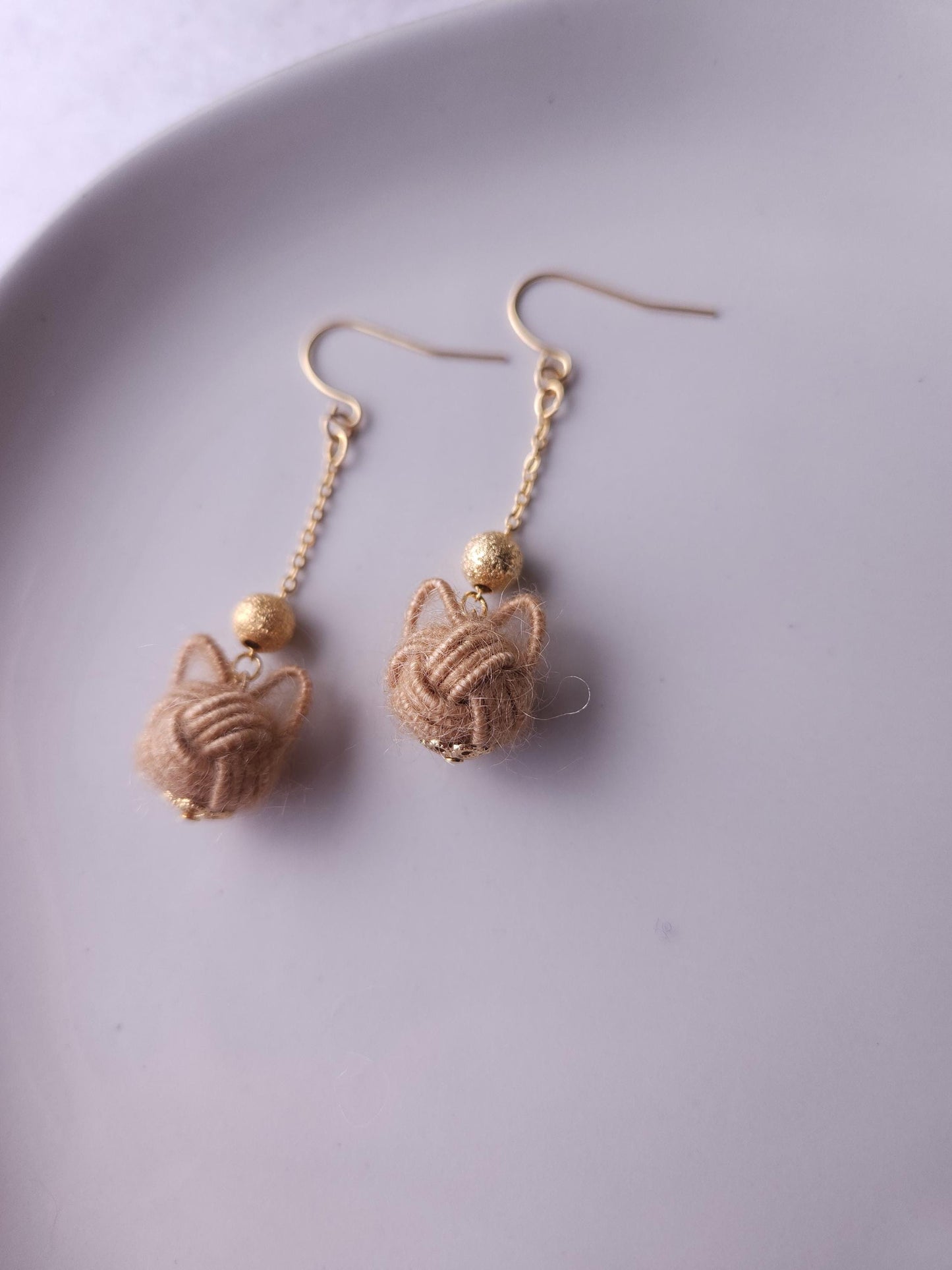 Fluffy Cat Long Earrings - Light Brown