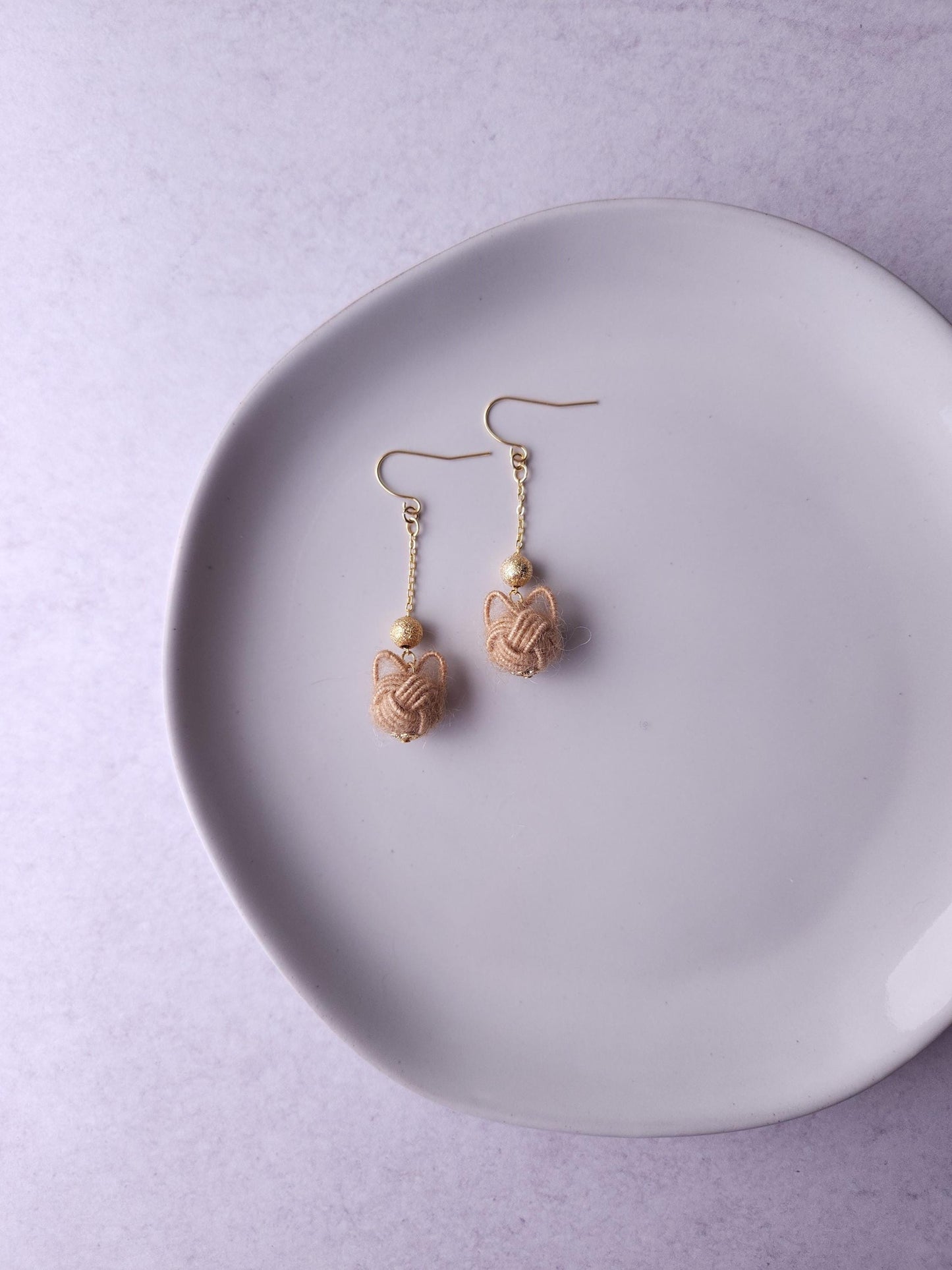 Fluffy Cat Long Earrings - Light Brown