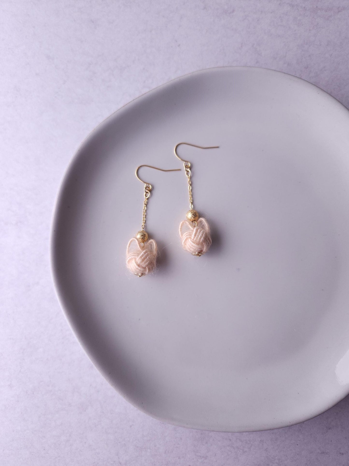 Fluffy Cat Long Earrings - Cream Beige