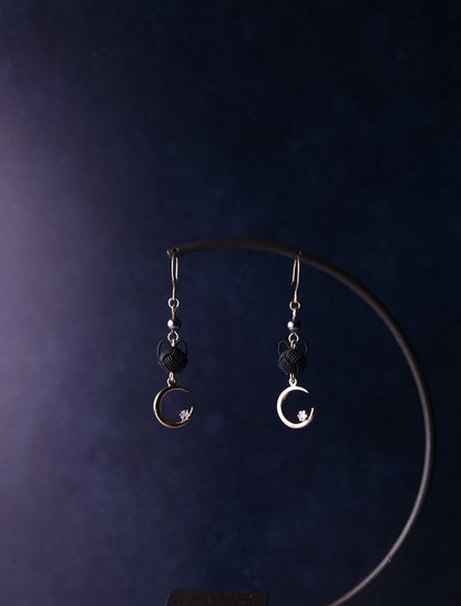 Cat and Crescent Moon Earrings- Black