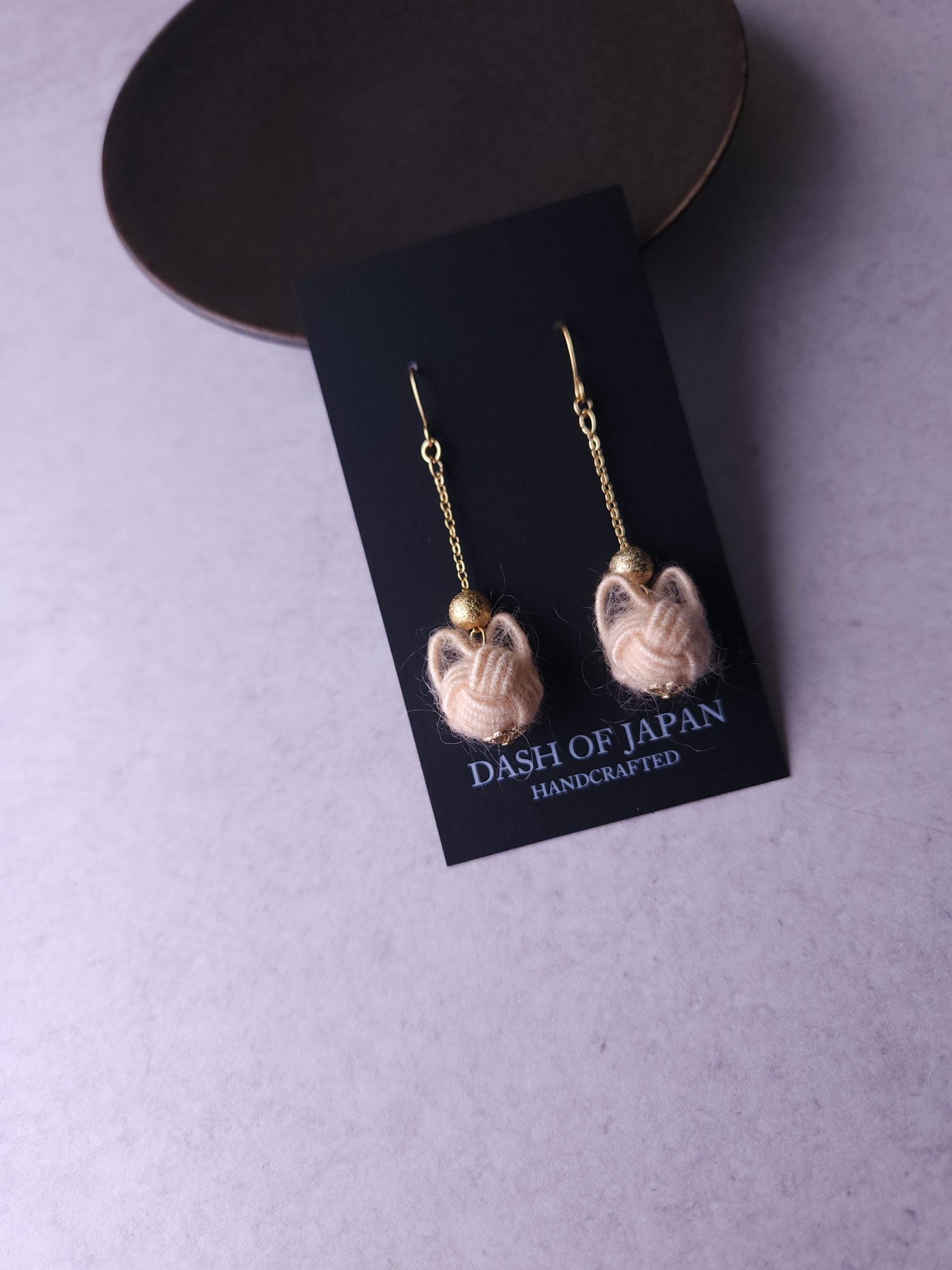 Fluffy Cat Long Earrings - Cream Beige