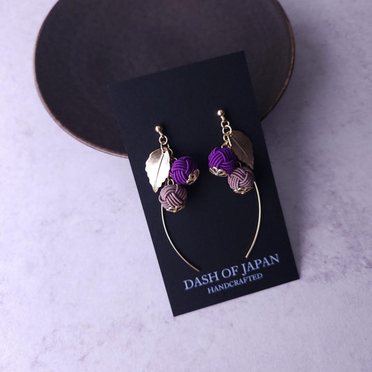 Flower Drop Earrings handmade with Japanese Mizuhiki, Purple and Brown