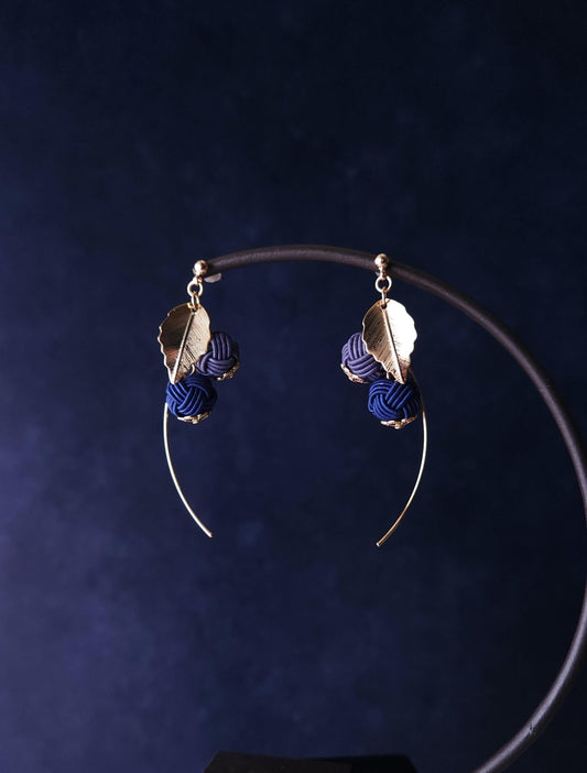 Flower Drop Earrings handmade with Japanese Mizuhiki, Dark Blue and Blue Gray