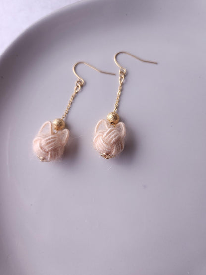 Fluffy Cat Long Earrings - Cream Beige
