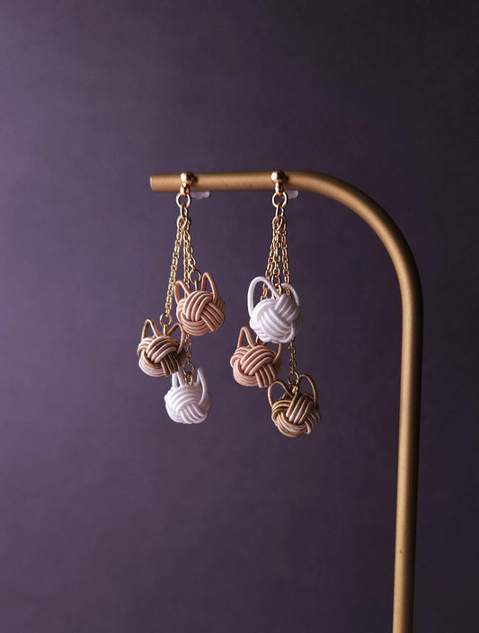 Cat Dangle Earrings - Brown Beige Tabby Cat