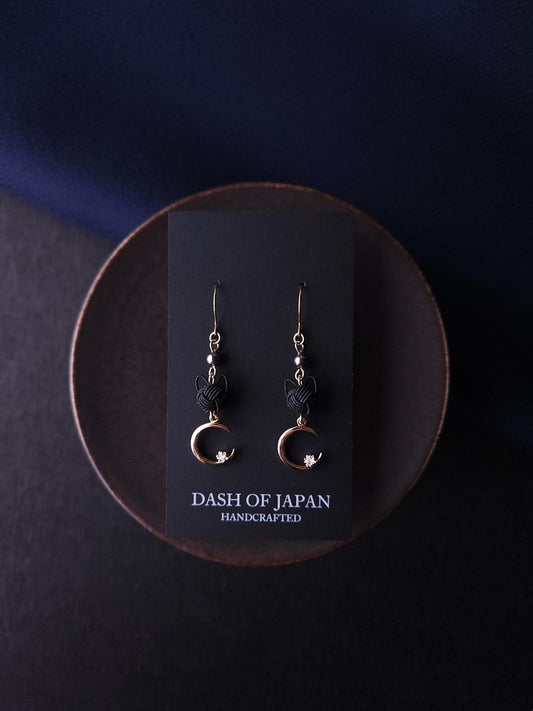 Cat and Crescent Moon Earrings- Black
