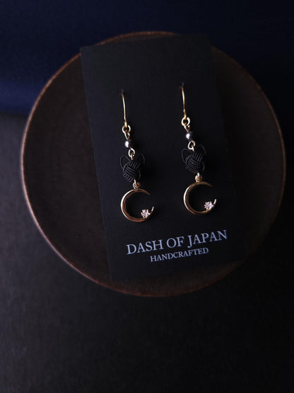 Cat and Crescent Moon Earrings- Black