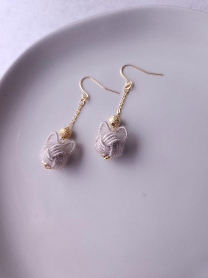 Fluffy Cat Long Earrings - Silver Gray
