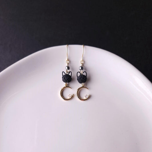 Cat and Crescent Moon Earrings- Black