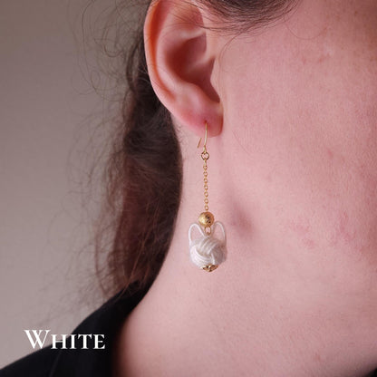 Fluffy Cat Long Earrings - Cream Beige