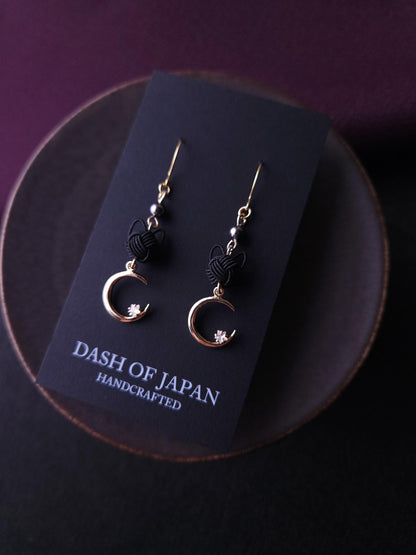 Cat and Crescent Moon Earrings- Black
