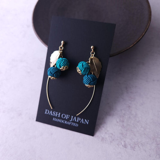 Flower Drop Earrings handmade with Japanese Mizuhiki, Teal Green