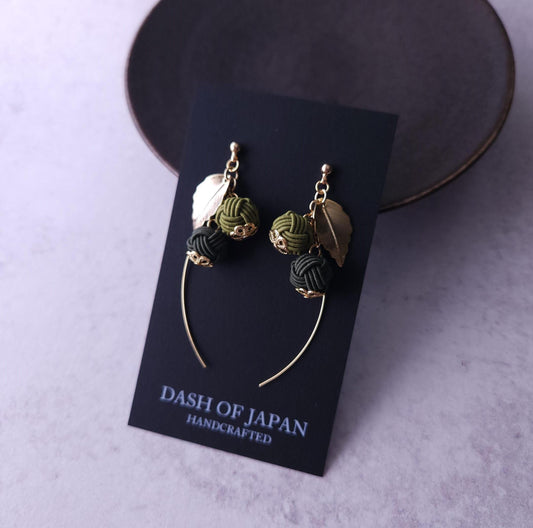 Flower Drop Earrings handmade with Japanese Mizuhiki, Matcha Green Dark Green