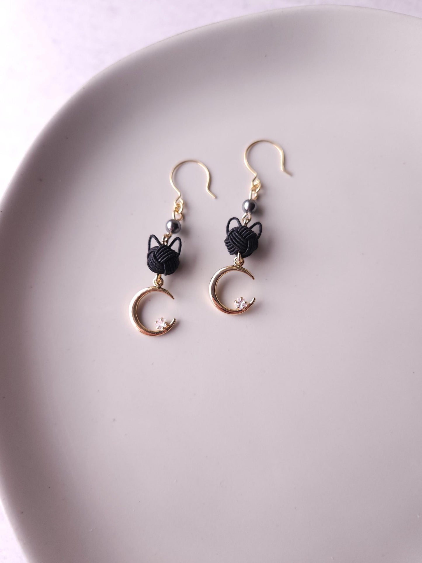 Cat and Crescent Moon Earrings- Black