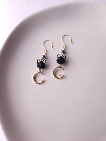 Cat and Crescent Moon Earrings- Black